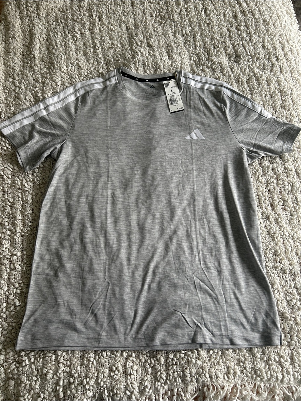 adidas Light Gray Short-Sleeve Athletic Tee with White Stripes